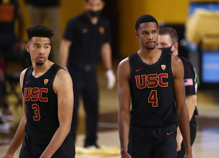 Jan 9, 2021; Tempe, AZ, USA; Southern California Trojans forward Isaiah Mobley (3) and brother Evan Mobley (4) against the Arizona State Sun Devils at Desert Financial Arena.